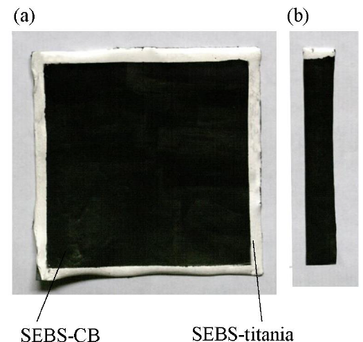 Figure 1 (a) A 10 cm x 10 cm sensing membrane; and (b) a typical 1.3 cm x 9.5 cm sample cut from the fabricated membrane.