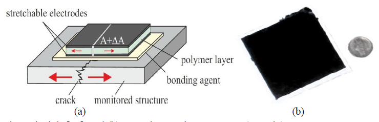 Fig. 1. (a) Schematic of Sensing Principle [14]; and (b) a Sensing Patch, 75 x75 mm (3 x 3 in).