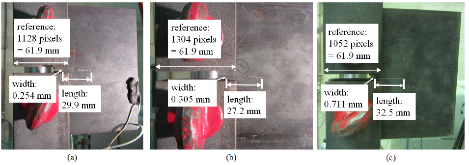 Figure 8: Pictures of cracked specimens at the plateau: (a) test 1; (b) test 2; and (c) test 3.