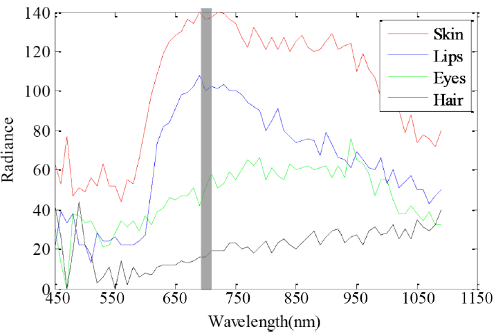 Figure 3 -­‐ Chart of the Radiance versus Wavelength for the handler features and skin tissue of subject 2