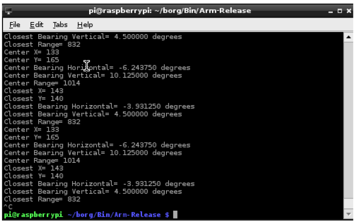 Figure 5.6: Screenshot Showing Output of Range and Bearing Data to Target