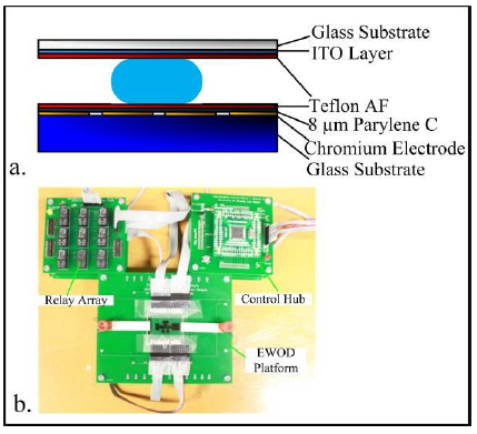 Fig. 3.1 The EWOD chip fabrication layers (a) and the EWOD system (b).