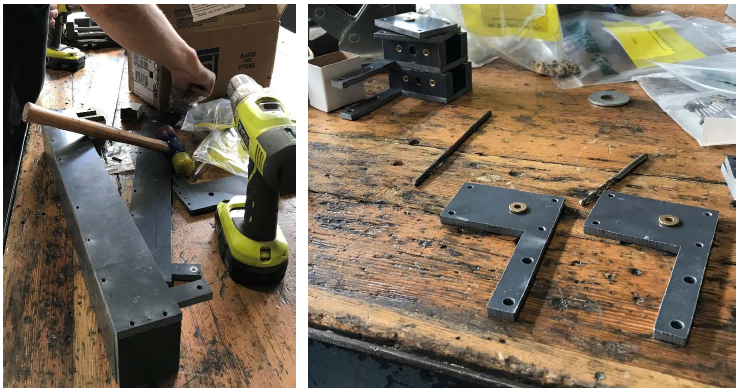 Figure 66 – (left) One of the baths being assembled on a workbench. (right) Gear box components being prepared for assembly.