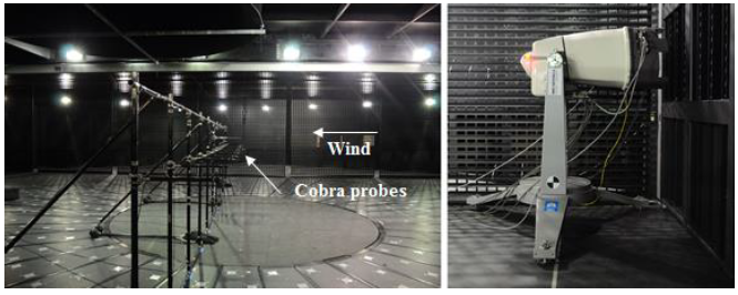 Figure 2-3: Cobra Probe array at the center of the chamber (X = 12.5) (left). Orientation of the windscanner in front of the first column of fans (right).