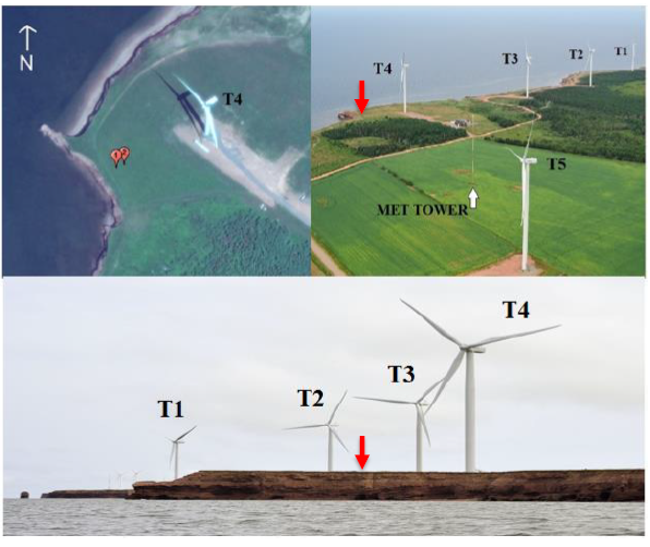 Figure 2-5: Research and Development park, PEI (top right) with windscanner locations (top left) and the escarpment from an upstream point of view (bottom). Red arrows are the location of the windscanner.