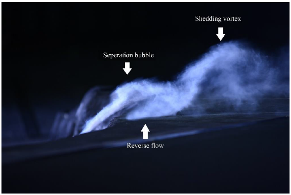 Figure 3-8: Flow visualization downstream of the escarpment for WD230.