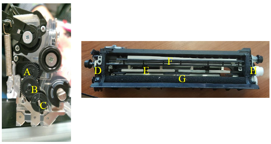 Figure 1 Setup of Developer Unit with (A) Agitator Driving Gear (B) Compound Idler Gear (C) Agitator Driving Gear Train Input Gear (D) Gear Face Plate and Agitator Shaft Bearing (E) Agitator Shaft (F) Auxiliary Paddle (G) Toner Roller (H) Input Driving Gear.