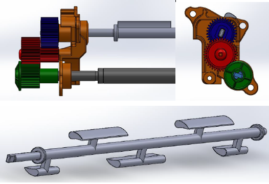 Figure 2 Final CAD Assembly Front View, Side View, and Paddle View for Increased Gear Face Width and New Paddle Shape.