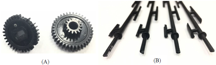 Figure 9. Gear Failure Test Failure Modes with (A) Molded Gear Failure and (B) Molded, Old Design Machined, and New Design Machined Agitator Shaft Failure.