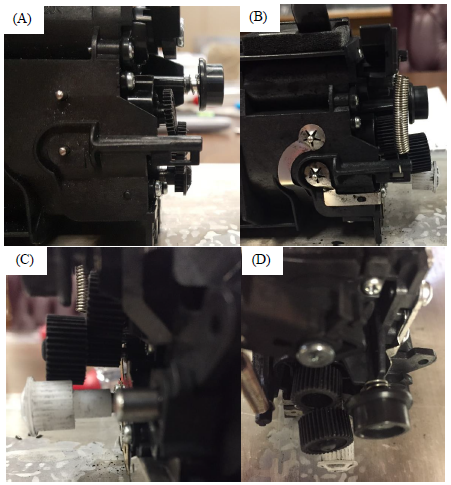 Figure 11. Example Deflection for (A) Original Design Output Gear at 137 mN-m, (B,C, and D) New Design Idler Gear at 158 mN-m.