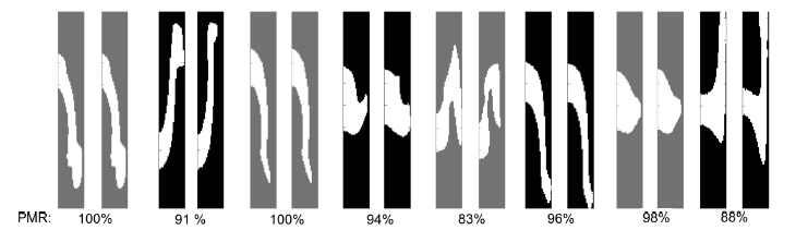 Figure 4: Eight example predictions (np = 4). The left side of each pair is the target ow shape and the right side is the ow generated from the predicted pillar sequences.