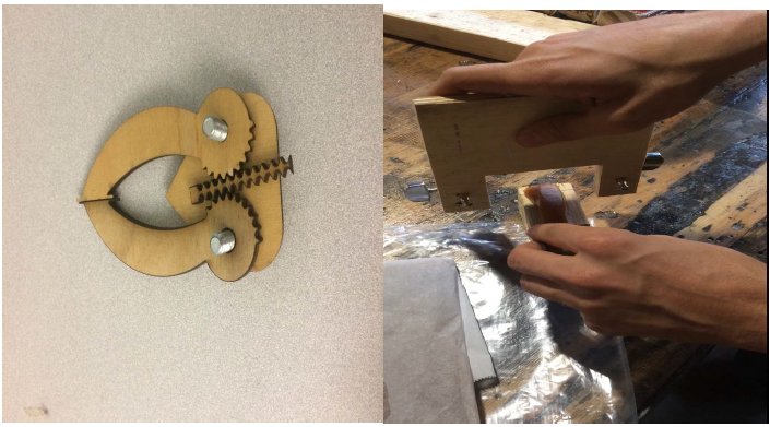 Figure 30. (Left) Claw mechanism testing prototype made from a laser cutter and (Right) wire cutting prototype to test cutting of the caramel.