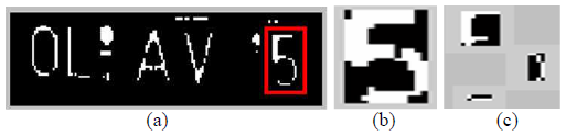 Figure 5. (a) Localized number plate with distorted character within the box, (b) Mended character, (c) Segmentation result of the distorted character (the three sections constitute to form the distorted character ‘5’)