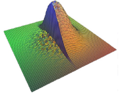 Figure 3.4: An example of a kernel of the bilateral filter. The standard Gaussian shape is modified by the intensities; here, a high-contrast edge in the image explains the dif- ferences between the two sides of the kernel.