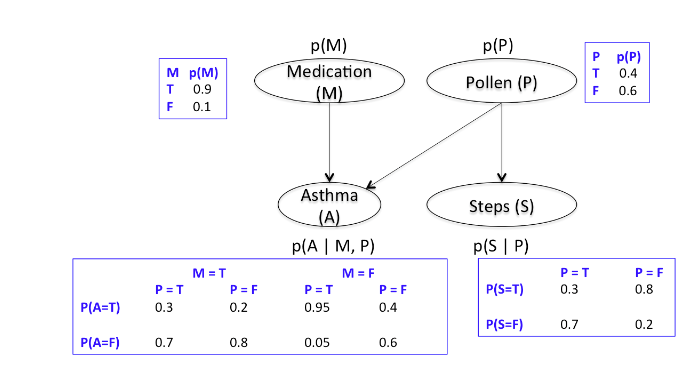 Figure 3.1: Dependencies (or independences) captured by a Bayesian Network for estimating the risk of asthma attacks