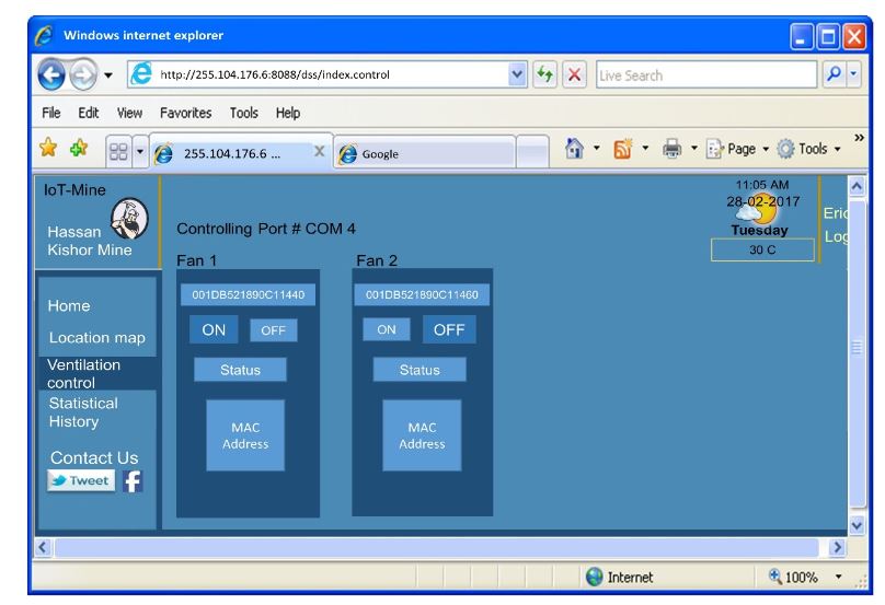 Figure 11. Screen shot of the designed computer interface for ON/OFF switching of auxiliary fans