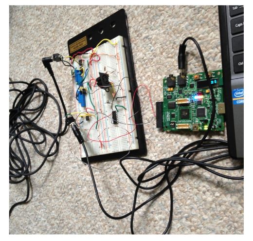 Figure 16: Physical Implementation. Top left audio jack is microphone input. Signal runs through filter and is input to audio jack on DSP boar