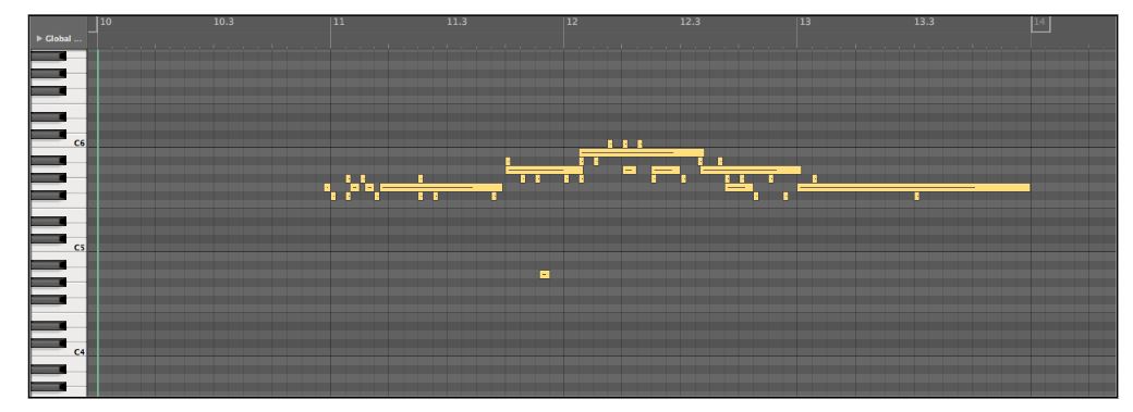 Figure 18: Actual experimental results of the third test trial. The longer sustained notes are correct, but the small MIDI notes are incorrect pitches being identified