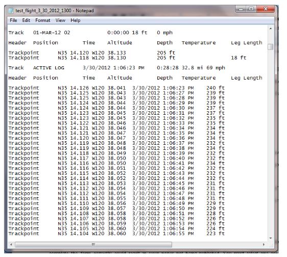 Figure 6. Garmin GPSMAP 495 example text file