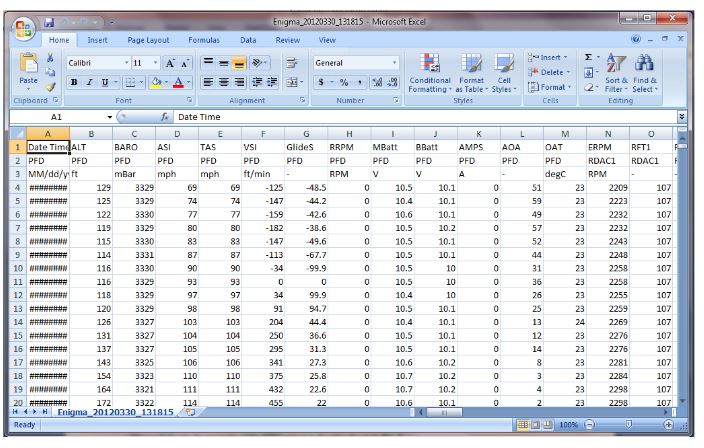 Figure 8. EFIS output example of the CSV file in Excel