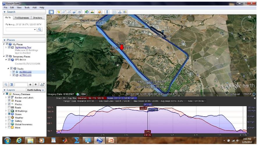 Figure 10. Google Earth presentation of RV7 flight test while flying one traffic pattern