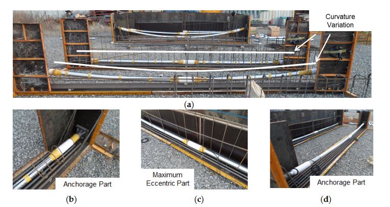 Figure 5. Installation of embedded EM sensors in a PSC girder. (a) EM sensor installed PSC girder, (b) Right anchorage part, (c) Maximum eccentric part, (d) Left anchorage part