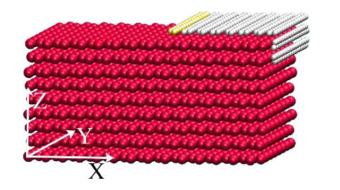 Figure 1: Schematic of a grain boundary with a quarter-turn shape covered by a piece of graphene sheet containing 290 C atoms