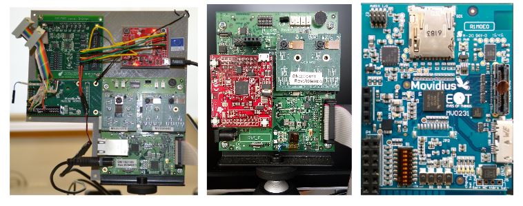 Figure 1. Development of Ears of Things (EoT) boards. Sizes, from left to right (in mm): 200 × 180, 100 × 100, 57 × 46