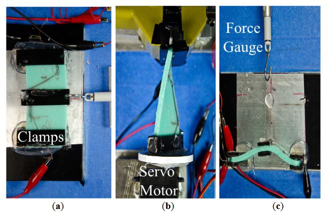 Figure 6. Experimental setups which generate deformations for (a) bending; (b) twisting and (c) pushing